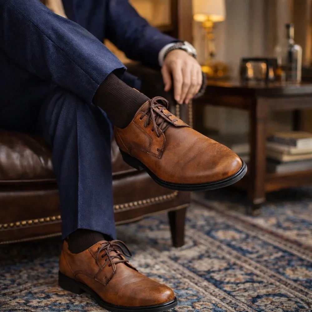 ECCO Cognac Leather Derby Dress Shoes EU 43 US 9–9.5 Comfort Plain Toe
